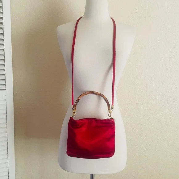 Gucci Red Satin Bamboo Crossbody Bag - Picture 3 of 15